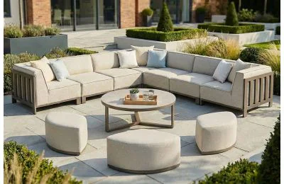 Maze - Outdoor Fabric Ibiza Large Corner Sofa Set with Round Coffee Table & 3 Footstools + Free Cover