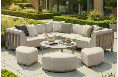 Maze - Outdoor Fabric Ibiza Small Corner Sofa Set with Round Coffee Table & 3 Footstools + Free Winter Cover