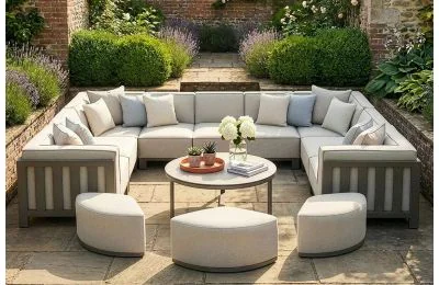  Maze - Outdoor Fabric Ibiza U-Shape Sofa with Round Coffee Table in Oatmeal  Color