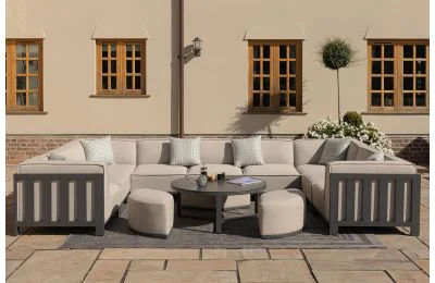  Maze - Outdoor Fabric Ibiza U-Shape Sofa with Round Coffee Table in Oatmeal  Color