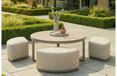 Maze - Outdoor Fabric Round Coffee Table with 3 Footstools