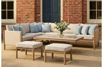 Maze - Burford Large Aluminium Corner Dining Set with Rising Table & Footstools - Almond