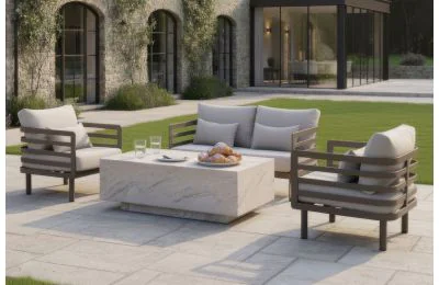 Maze - Metro Aluminium 2 Seat Sofa Set with Armchairs & Rectangular Stone Coffee Table - Café Almond