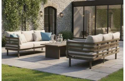 Maze - Metro Aluminium 3 Seat Garden Sofa Set with Rectangular Coffee Table - Café Almond