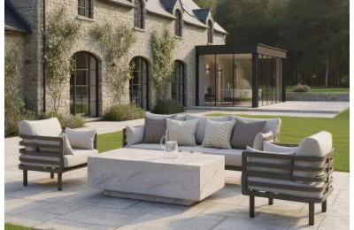 Maze - Metro Aluminium 3 Seat Garden Sofa Set with Armchairs & Rectangular Stone Coffee Table - Café Almond