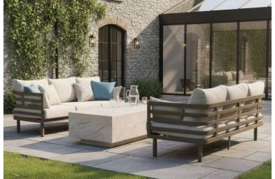 Maze - Metro Aluminium 3 Seat Garden Sofa Set with Rectangular Stone Coffee Table - Café Almond