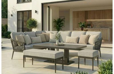 Maze - Monaco Rope Weave Large Corner Dining Set with Rectangular Rising Table & Footstools - Ivy Green