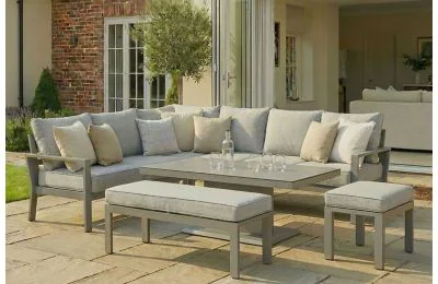 Maze - Montreal Aluminium Large Garden Corner Dining Set with Rectangular Rising Table, Footstool & Bench - Cool Linen