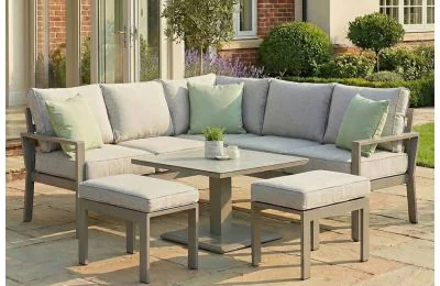 Maze - Montreal Aluminium Small Garden Sofa Dining Set with Square Rising Table & Footstools - Cool Linen