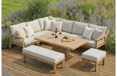 Maze - New York Wood Effect Aluminium Corner Dining Set with Rising Table & Stools - Almond