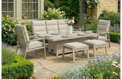 Maze - Valencia Reclining 3 Seat Aluminium Garden Sofa Set with Rising Table & Footstools - Latte
