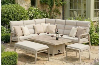 Maze - Valencia Reclining Aluminium Corner Garden Dining Set with Rising Table, Footstool & Bench - Latte