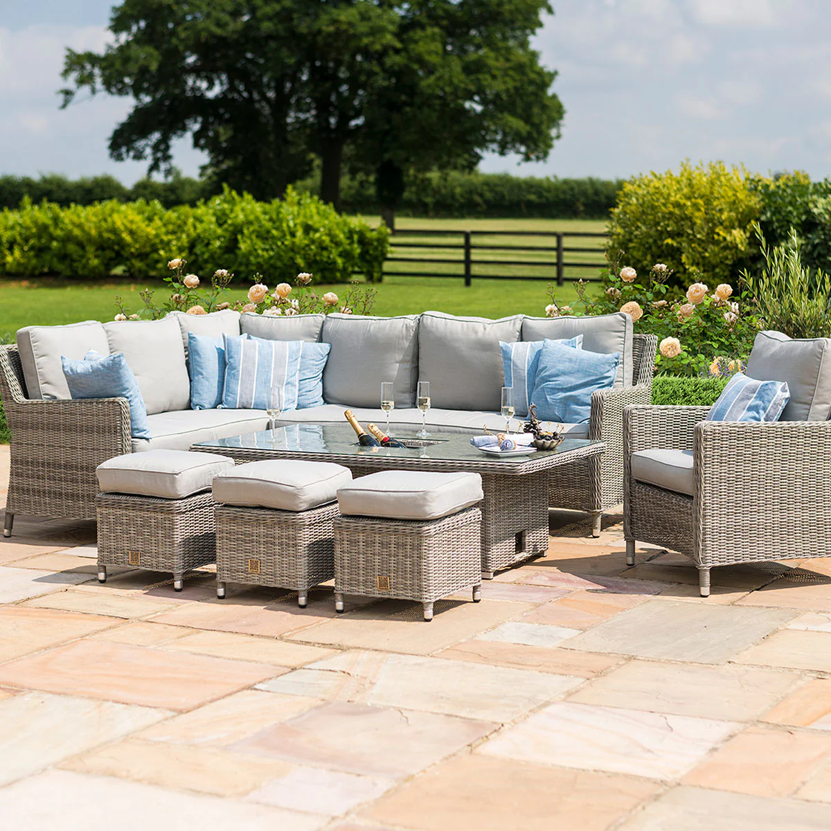 Maze Rattan Oxford Corner Sofa Dining Set With ice bucket and rising table